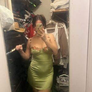 Floral Embroidered Satin Mini Dress